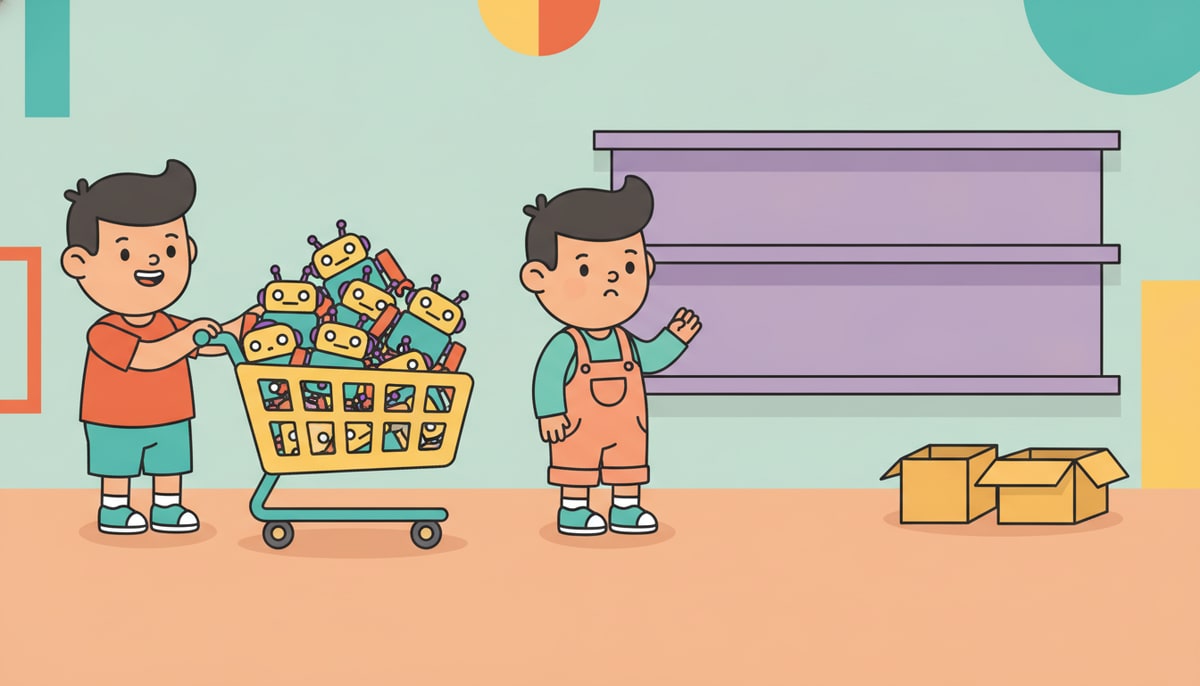 A child stands next to a overflowing cart of identical toy robots, while another child looks at an empty display shelf.