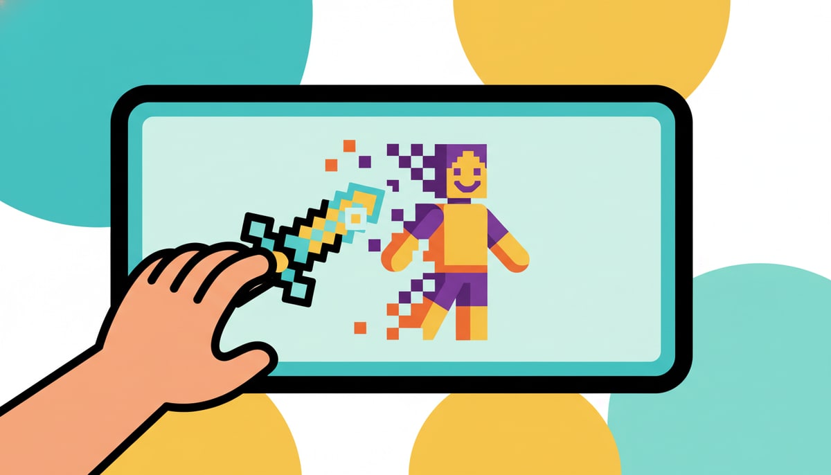 A child's hand reaches into a digital screen, trying to grasp a disappearing pixelated sword from a fading game character.