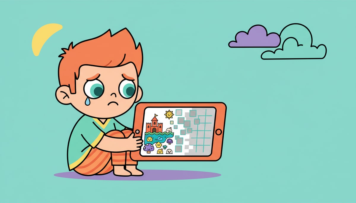 A child watches sadly as a cheerful, colorful online game world on a tablet screen slowly pixelates and fades into a grey, empty grid.