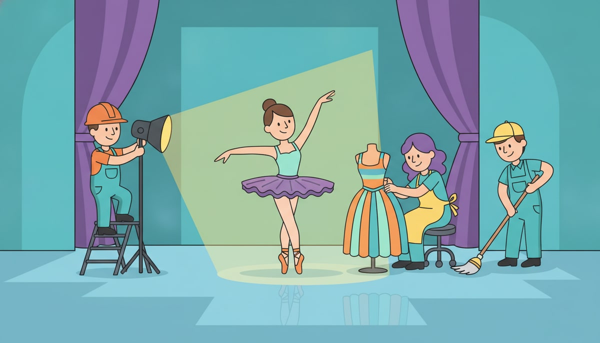 A stagehand in a hard hat shines a spotlight on a smiling ballerina, while a costumer stitches a vibrant dress on a mannequin beside a janitor mopping a gleaming floor.