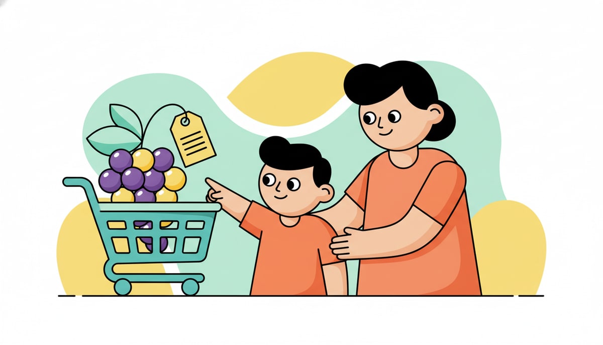 A child, eyes wide with curiosity, points to a price tag on a bunch of colorful grapes in a shopping cart, while a parent smiles and gently guides their hand.
