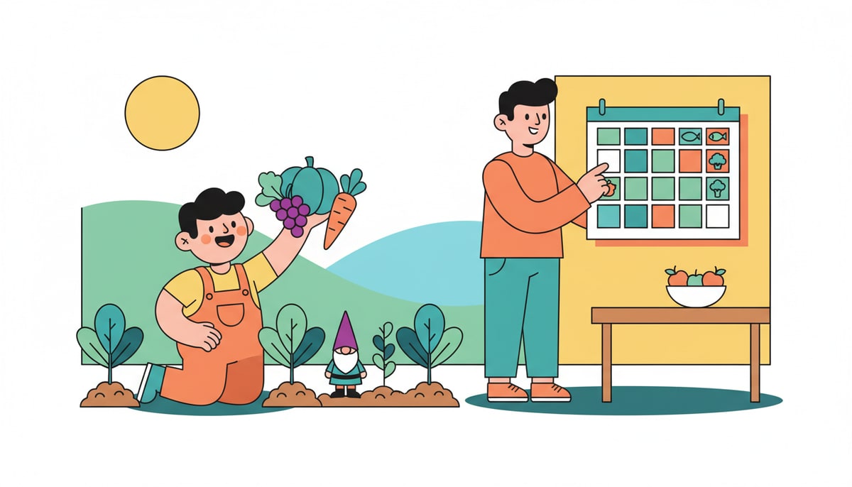 A child proudly harvests homegrown vegetables from a small backyard garden, while a parent points to a meal planning calendar on a nearby kitchen wall.