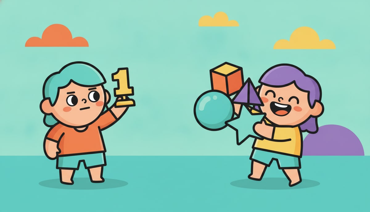 A child excitedly holds a small, generic "number one" trophy while looking enviously at a friend happily playing with a larger, more colorful generic toy that doesn't have a ranking.