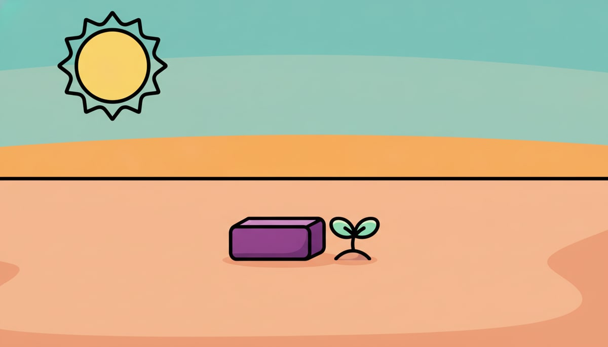 A tiny, solitary brick is gently placed on a completely empty, flat ground, with a small, hopeful sprout emerging beside it.
