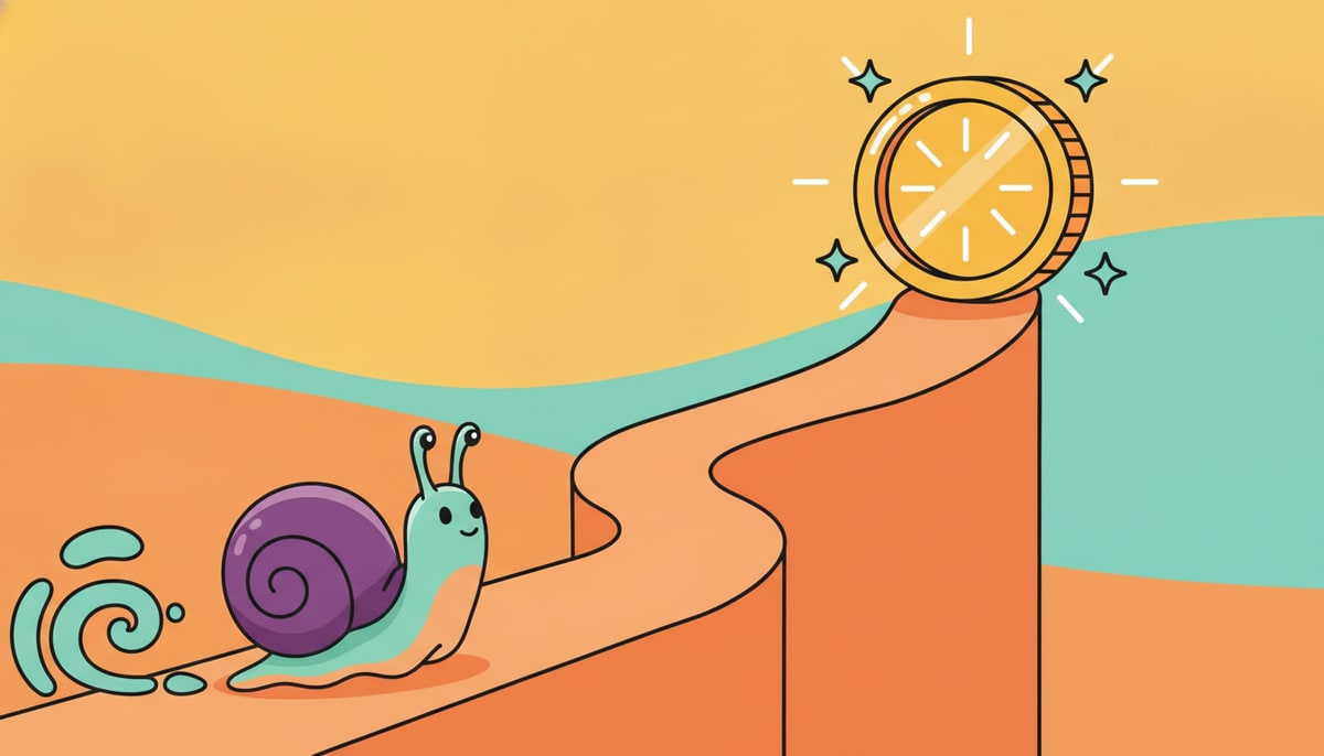 A small, determined snail slowly but surely makes its way up a tall, winding path towards a sparkling coin at the summit, leaving a faint trail behind.