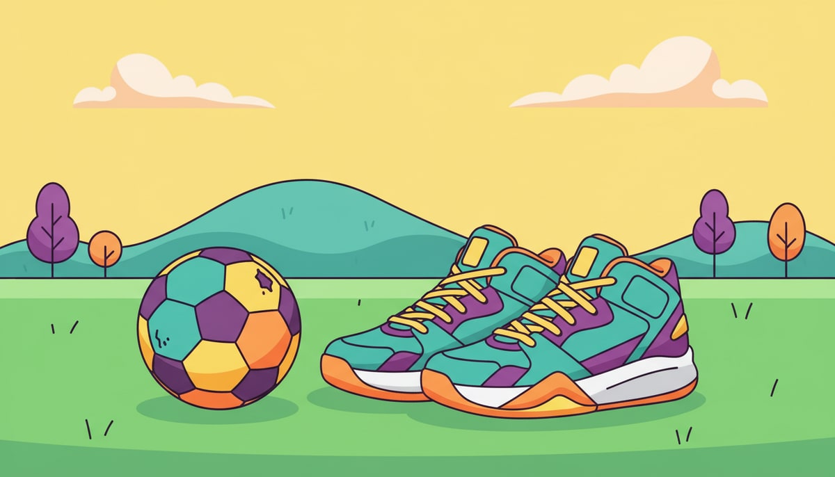 A small, scuffed soccer ball lies next to a brand-new, expensive-looking pair of basketball shoes on a grassy field.