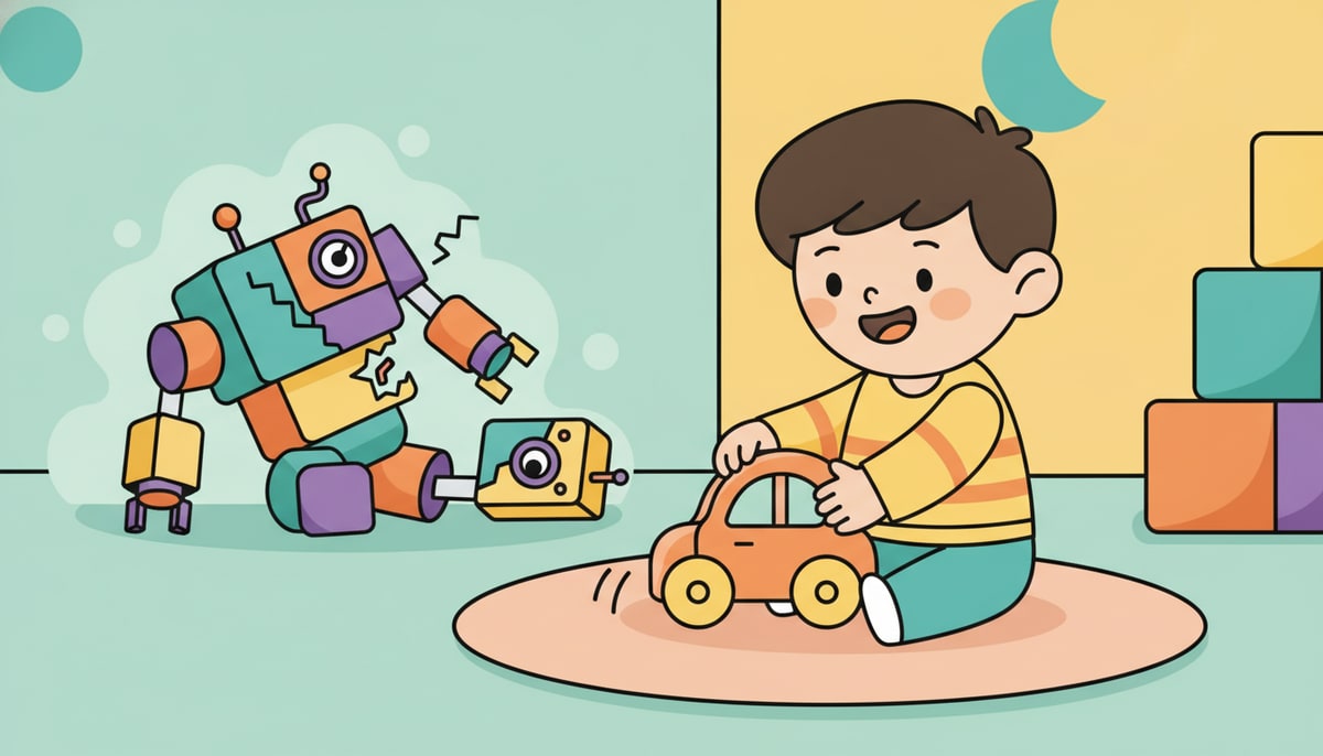 A child happily plays with a simple, well-made wooden toy car while an elaborate, broken robotic toy lies forgotten in the background.