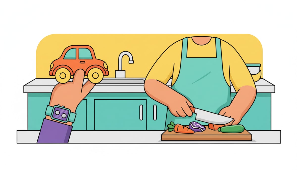 A child's hand, holding a colorful toy car, extends an Apple Watch towards a parent who is chopping vegetables in the kitchen.