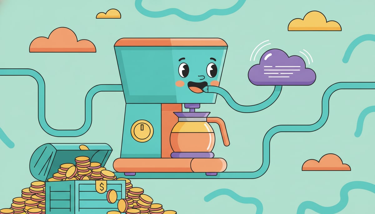 A cheerful, stylized smart coffee maker giddily sips from a very long, winding internet cable, unaware of the overflowing pile of coins rapidly accumulating beneath its feet.