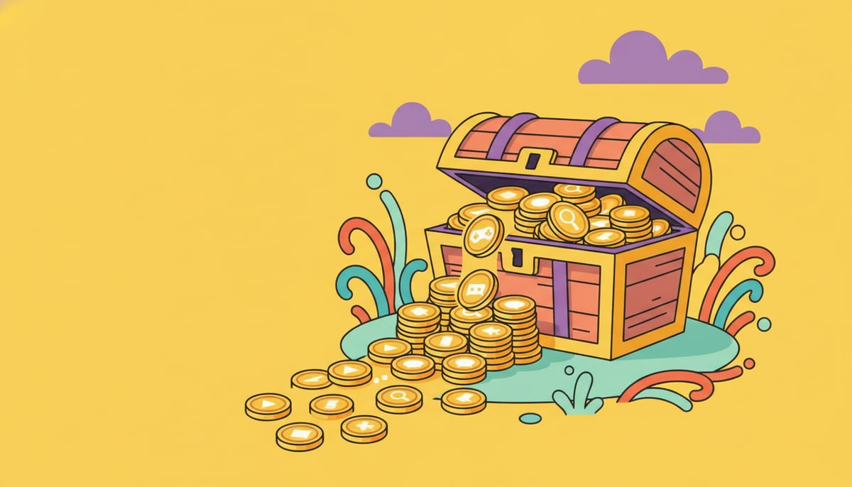 A child's treasure chest overflows with glowing golden coins, each coin featuring a simple, distinct icon representing personal data: a play button, a gamepad, a magnifying glass, and a speech bubble.