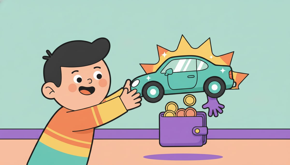 A smiling child reaches for a shiny, "free" toy car, unaware a tiny, mischievous hand is emerging from its undercarriage to pluck coins from their open wallet pocket.