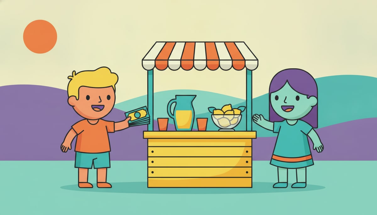 A child with a wad of cash hands it to another child who is cheerfully giving up their lemonade stand, complete with a pitcher, cups, and a bowl of lemons.