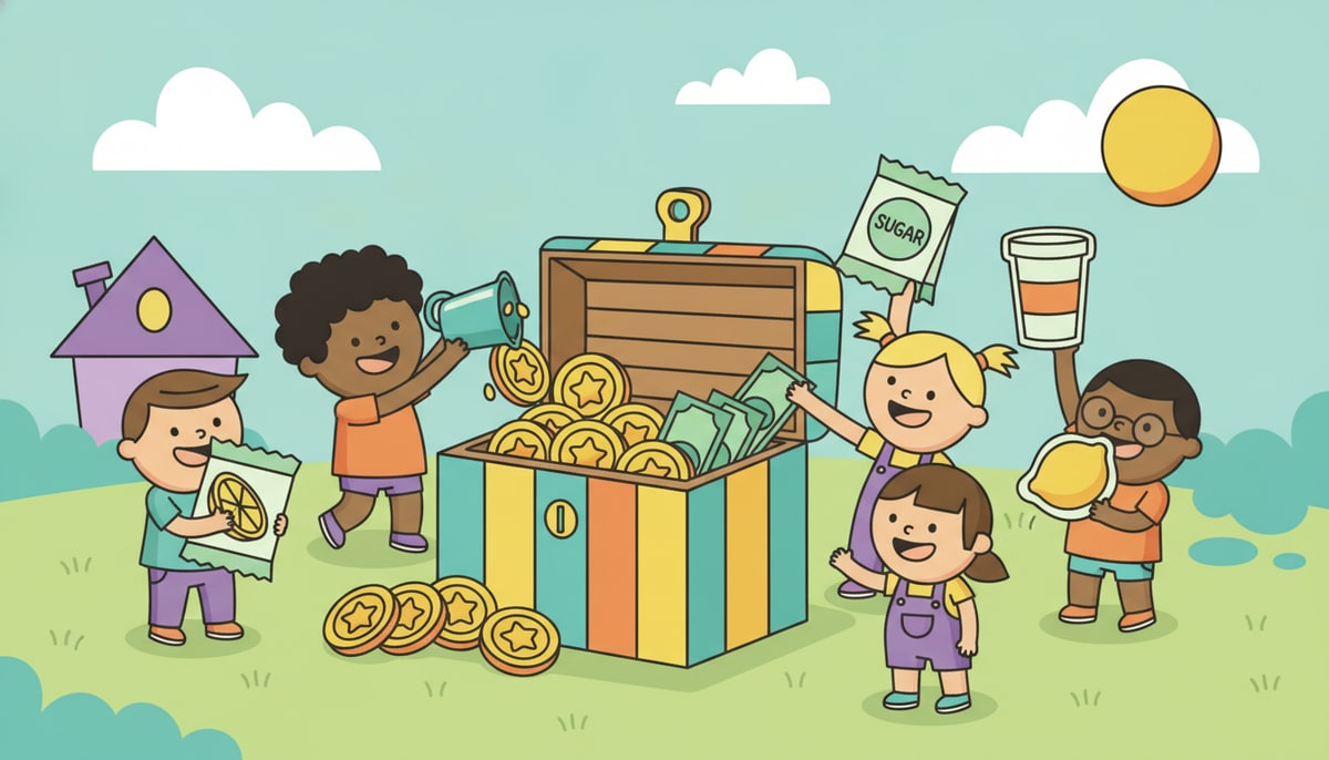 A group of diverse kids happily pour coins and bills into a shared, oversized lemonade stand cash box, while a few hold up miniature paper cutouts of lemons, sugar bags, and cups.
