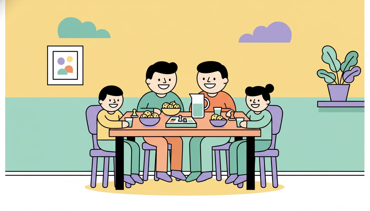 A family (two parents, two kids) sits around a kitchen table, smiling while playing a board game with homemade snacks instead of takeout containers.