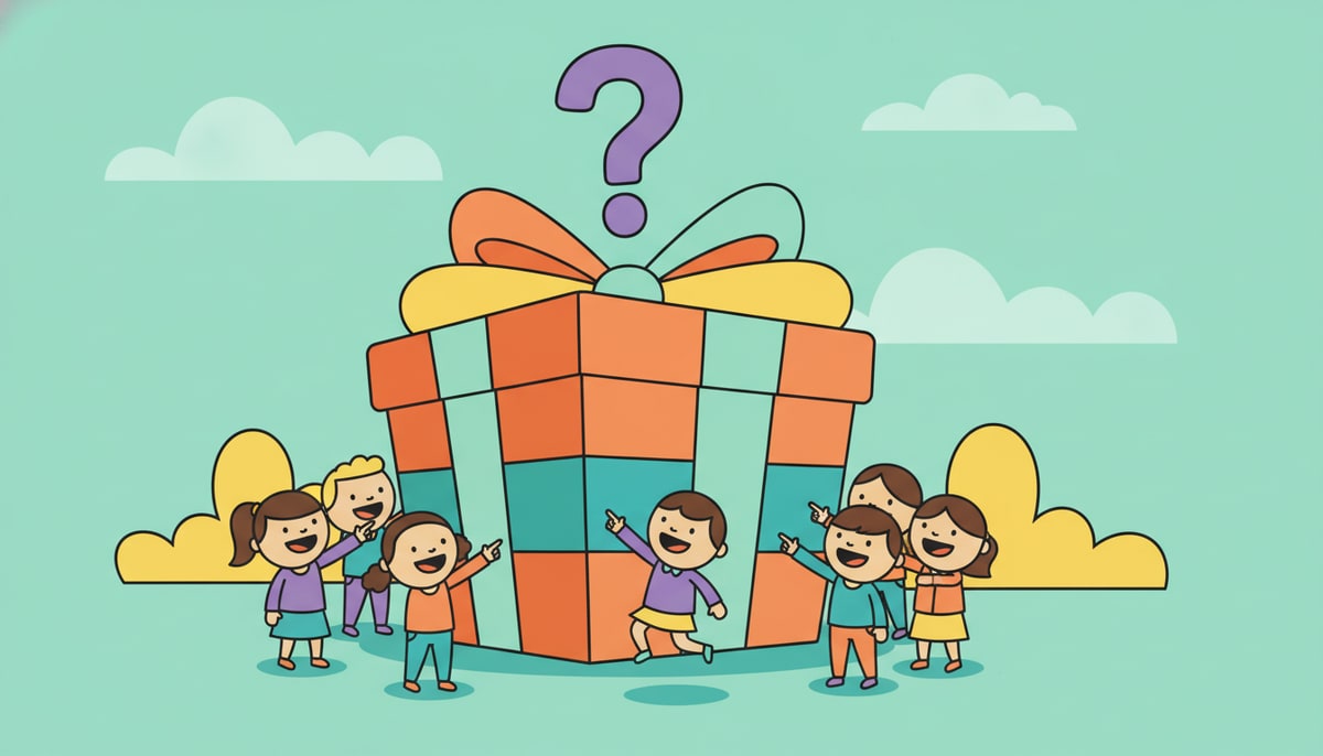 A giant, gleaming gift box with a question mark on top is surrounded by a crowd of excited kids, all eagerly pointing and reaching towards it.