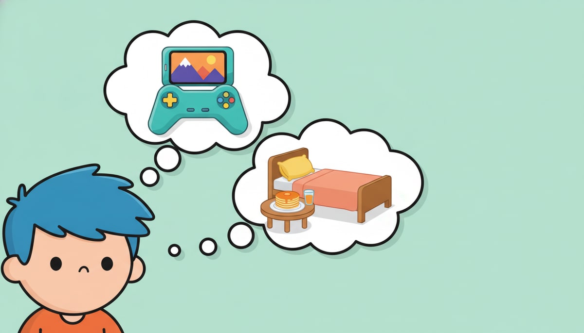 Two cartoon thought bubbles emerge from a child's head: one shows a vibrant video game console, the other shows a cozy bed and a plate of food.