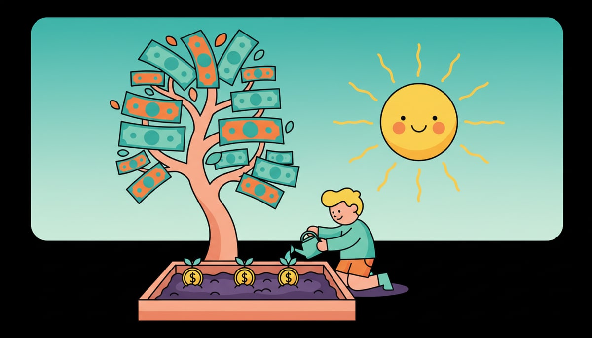 A child plants tiny seedling coins in a garden bed, carefully watering them as a much larger, mature money tree with flourishing leaf-bills stands tall in the background under a sunny sky.