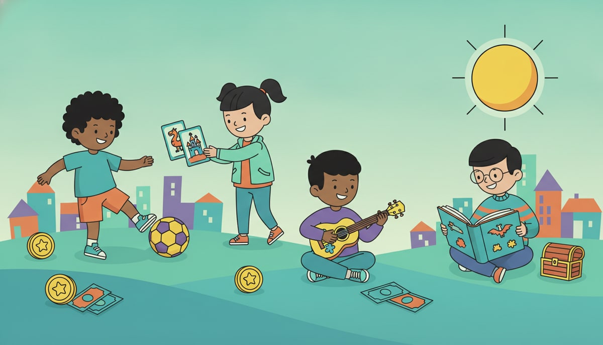 A diverse group of kids happily engage in their hobbies: one kicks a soccer ball, another trades cards, a third plays a ukulele, and a fourth reads a colorful fantasy book, all surrounded by a few coins and bills.