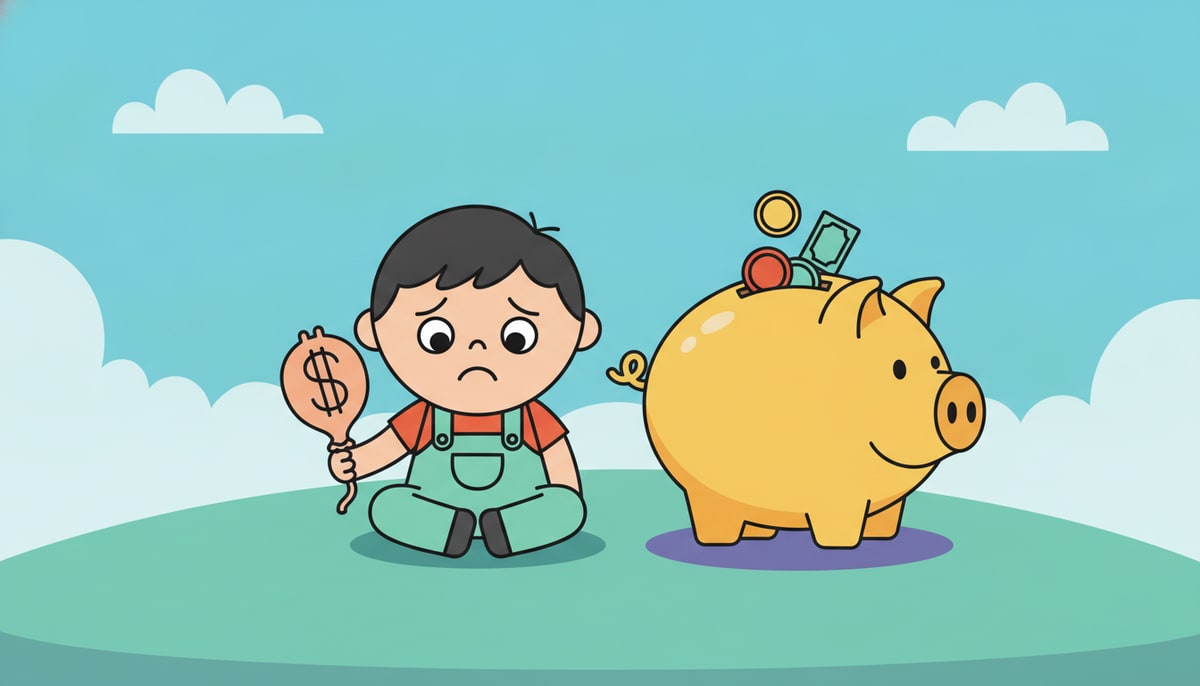 A child sadly holds a deflated balloon shaped like a dollar sign, while nearby their full piggy bank sits untouched and solid.