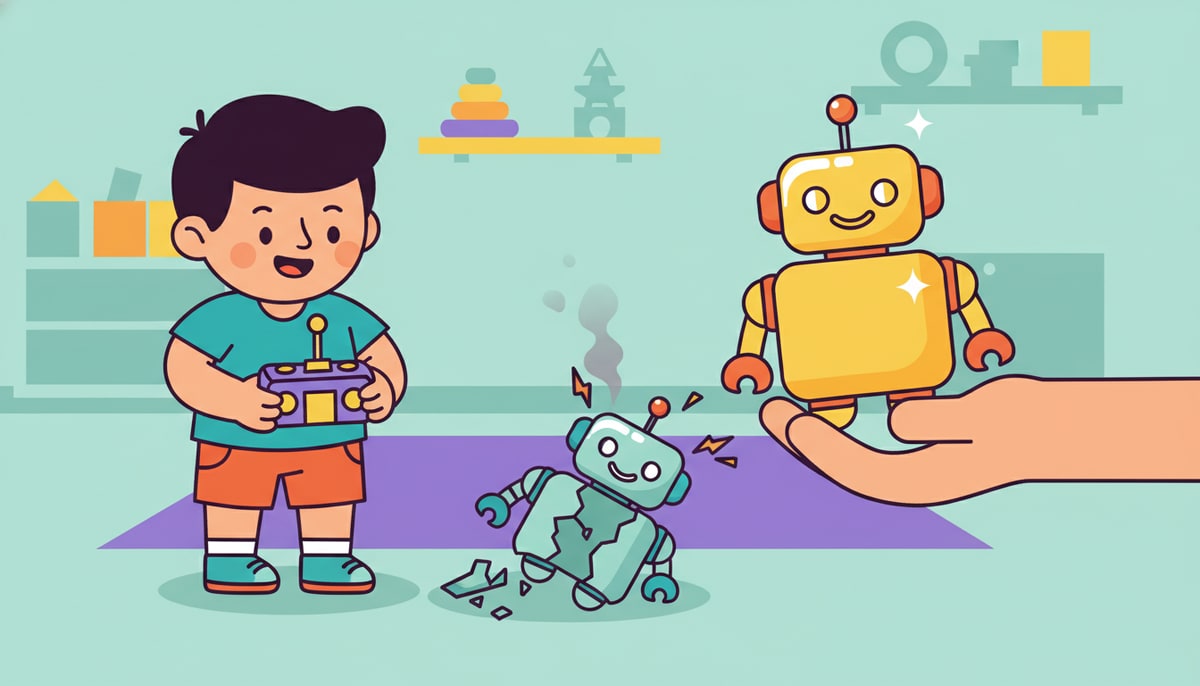 A child holding a remote control looks from a broken, sparking toy robot to a new, shiny, smiling toy robot presented by a helpful hand.