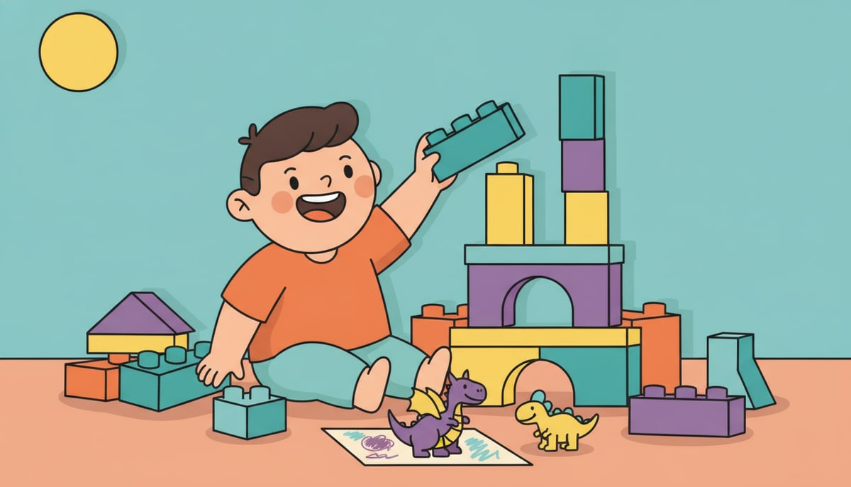 A child joyfully stacks colorful, mismatched building blocks into a towering, wobbly castle, surrounded by a crayon drawing of a dragon and a small plastic dinosaur.