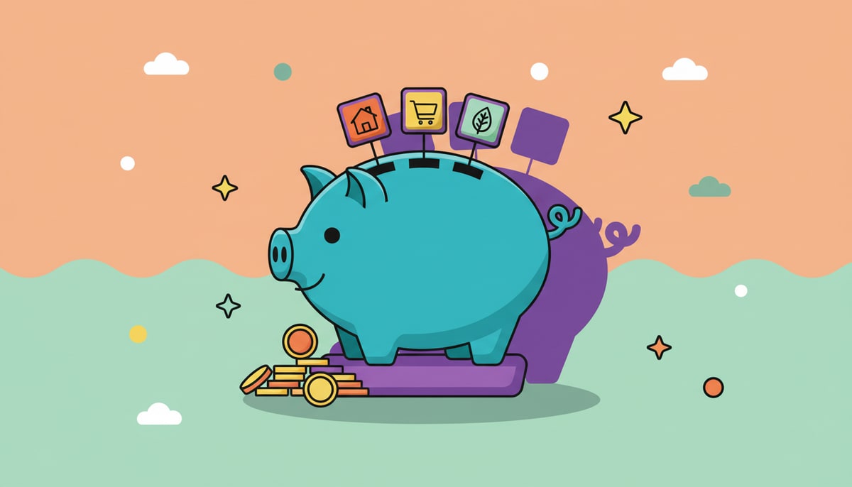A piggy bank with three distinct slots, each labeled with a small, universal icon representing a category (e.g., a tiny house for "home," a shopping cart for "spending," a leaf for "saving").