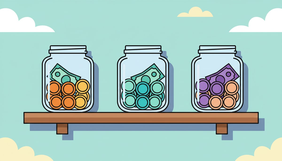 Three identical, clear glass jars sit in a neat row on a wooden shelf, each filled to exactly one-third capacity with a different color of coin or currency.