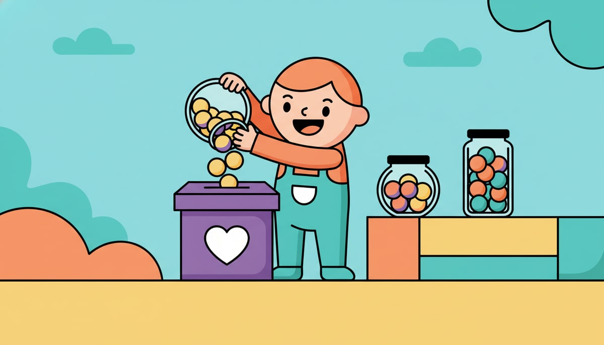 A child eagerly empties a coin jar into a donation box labeled only with a simple heart, while two other full jars sit nearby on a colorful shelf.