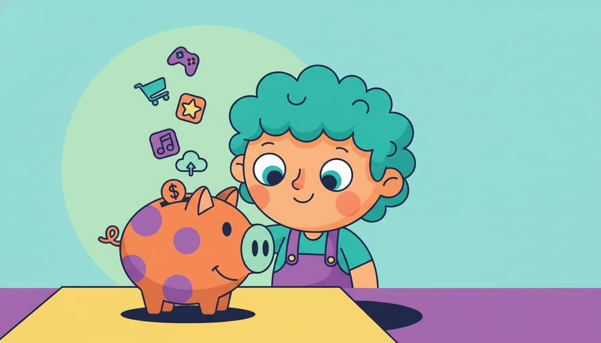 A child, wide-eyed, peers into a piggy bank that is overflowing not with coins, but with tiny, intricate digital icons like a shopping cart, a game controller, and a music note.