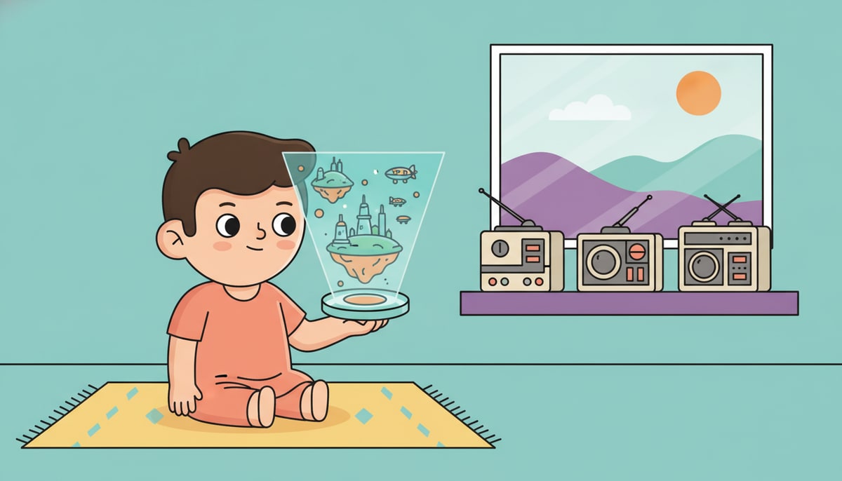 A child holds a tiny, futuristic, clear gadget in their palm, which projects a vibrant, detailed holographic world above their hand, as older, clunkier versions of similar devices sit unused in the background.
