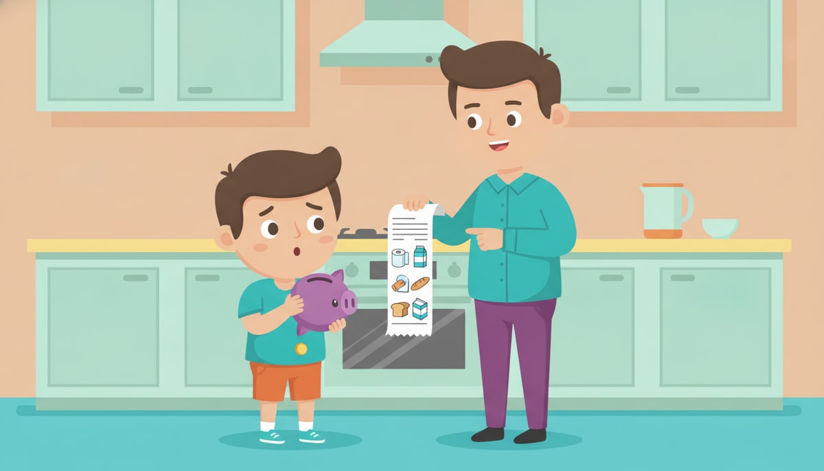 A child looks confusedly at a nearly empty piggy bank while a parent points to a grocery receipt showing toilet paper and other items.