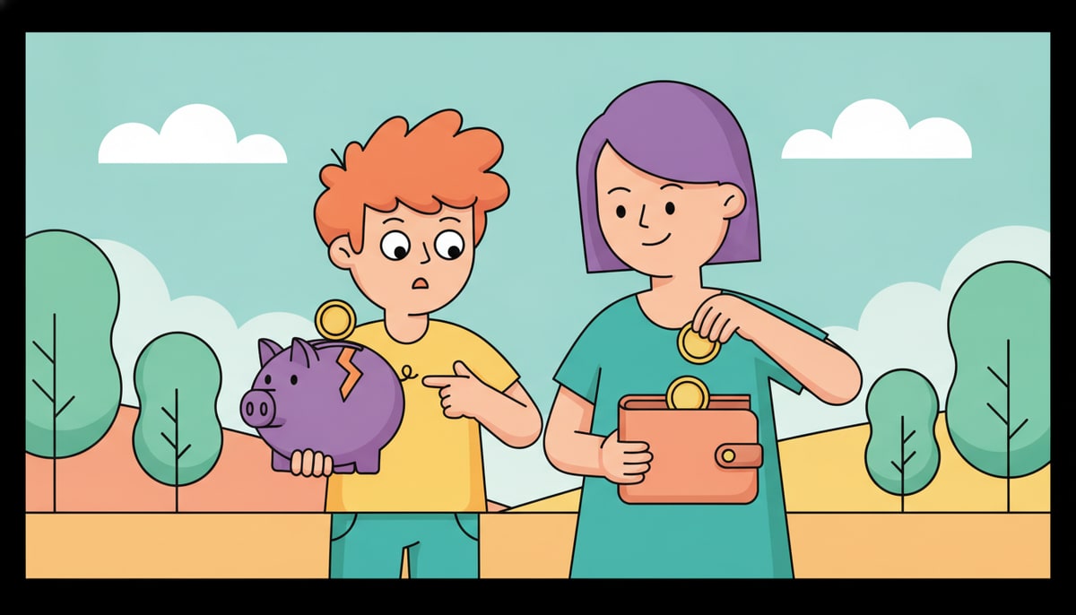 A bewildered child holds a piggy bank with a small crack, while a smiling adult behind them puts a few more coins into the child's nearly empty wallet.