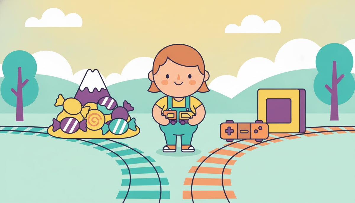 A child stands before two diverging toy train tracks, one leading to a pile of candies and the other to a new video game, holding a single toy train car.