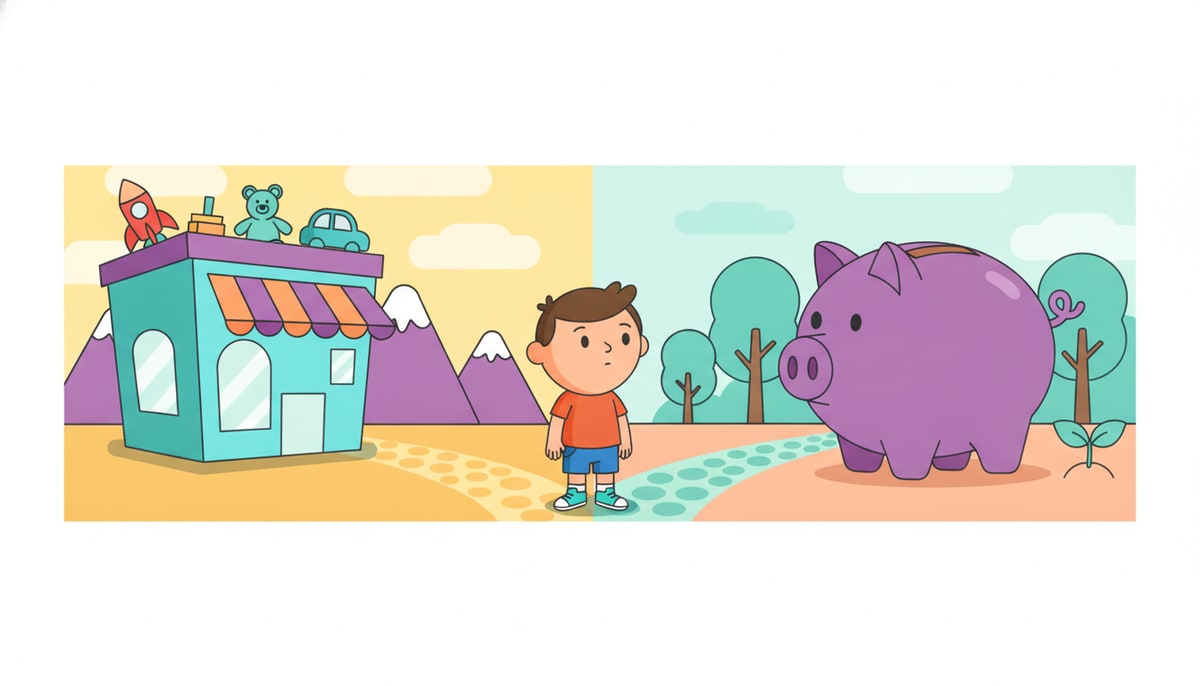 A child stands at a fork in a path, one way leading to a bright toy store and the other to a piggy bank with a small sprout growing beside it.