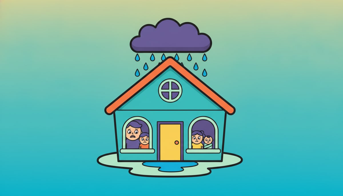 A cartoon house with a small, overflowing rain cloud directly above its roof, while a tiny, worried-looking family peers out from a window.