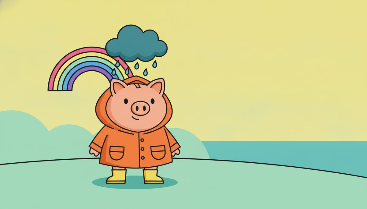 A child's piggy bank, wearing a tiny rain slicker and boots, stands under a small, unexpected cartoon storm cloud, while a rainbow peeks out from behind it.