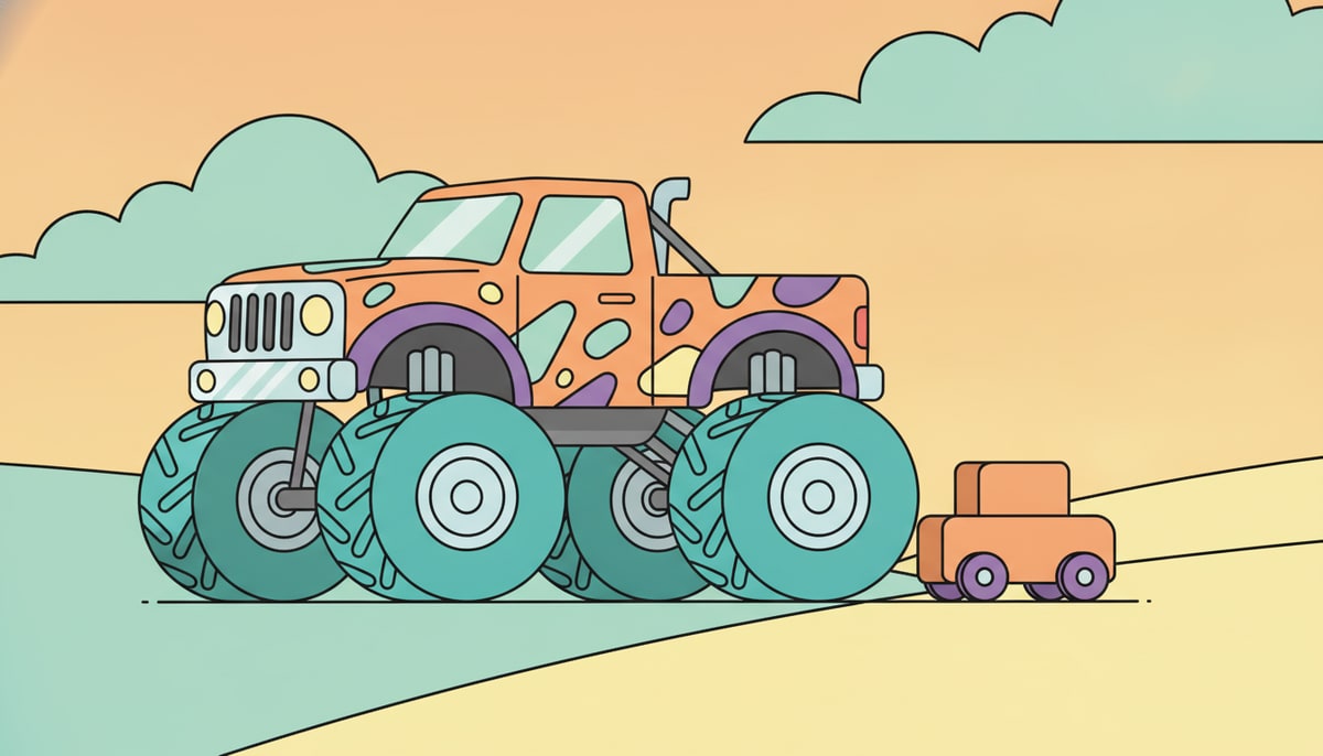 A huge, intricately detailed monster truck with giant wheels, a shiny chrome grill, and an elaborate paint job is being pushed by a tiny, simple wooden toy car with basic wheels and no details.