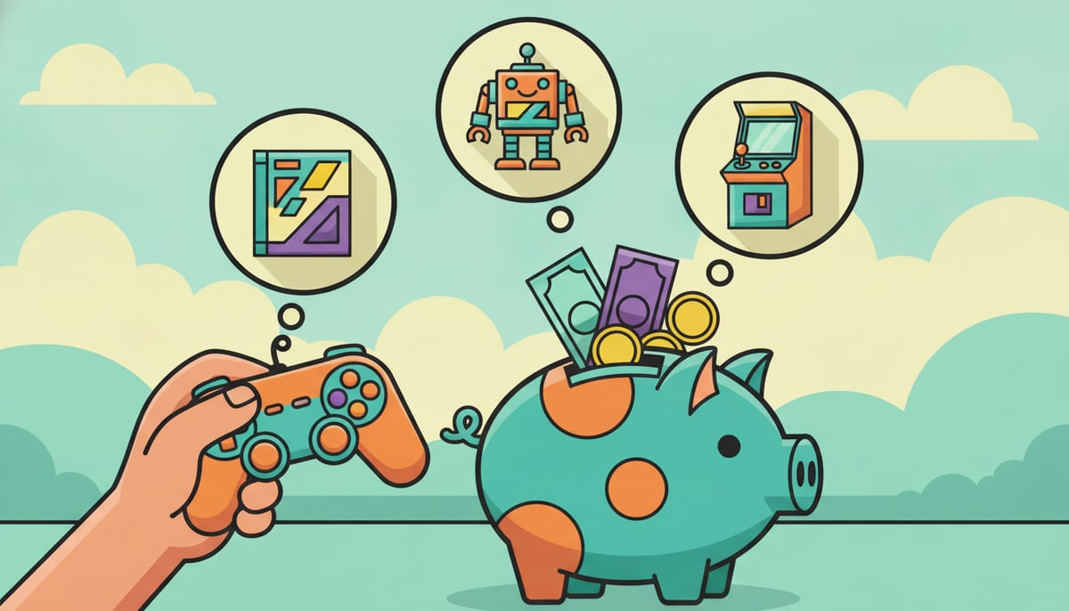 A piggy bank overflowing with colorful coins and bills sits next to a child's hand holding a video game controller, while thought bubbles above show a desired new game box, a toy robot, and an arcade machine.