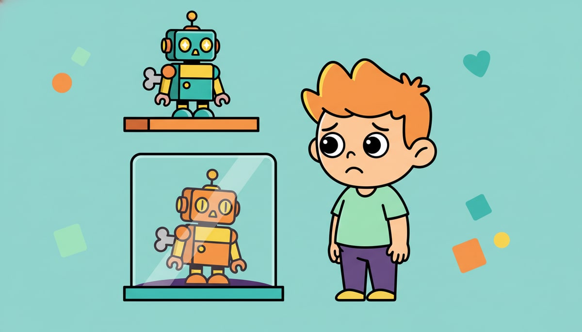 A child sadly watches a toy robot, with a key in its back, standing still inside a glass display case, while a newer, identical robot with shiny features sits on a shelf above, outside the case.