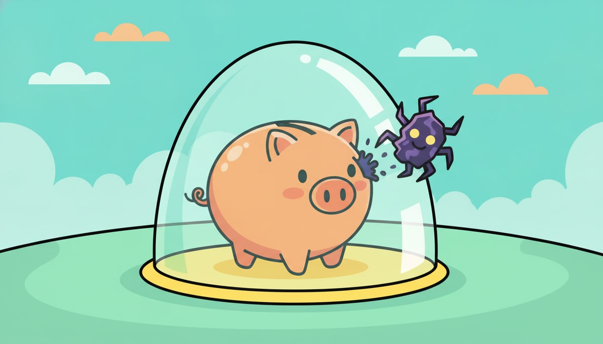 A child's piggy bank, shaped like a friendly pig, sits securely inside a transparent, shimmering, dome-like force field, while a shadowy, cartoon "digital bug" tries to bounce off its surface.