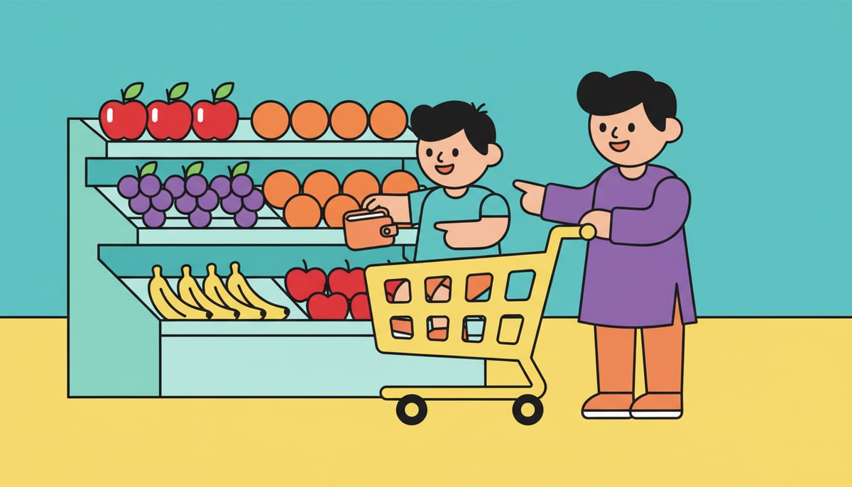 A child in a shopping cart holds a small, empty toy wallet while pointing at a colorful fruit display, as a parent gently smiles and gestures towards the cart.