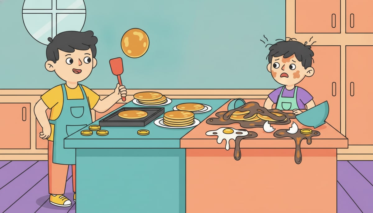 A kid in an apron confidently flips perfect pancakes on a griddle, while a younger, messier kid struggles with a pile of burnt batter and broken eggs, coins scattered on both counters.