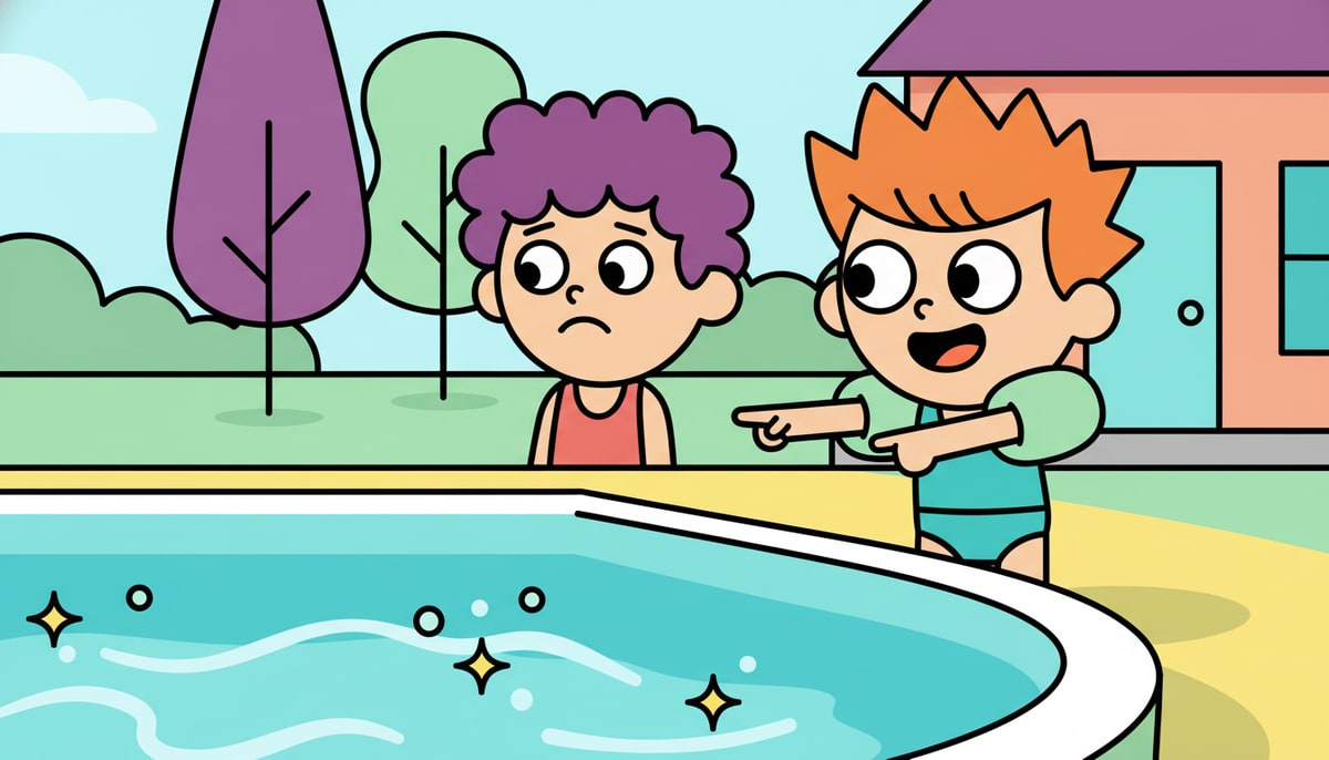 A wide-eyed child points excitedly at a sparkling backyard swimming pool, while another child looks on with a slightly envious expression.