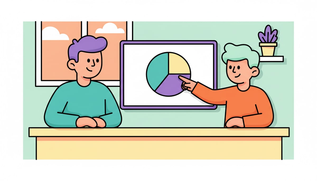 A parent and a pre-teen child sit together at a kitchen table, looking at a simple pie chart drawn on a whiteboard, with the child pointing to a section of the chart.