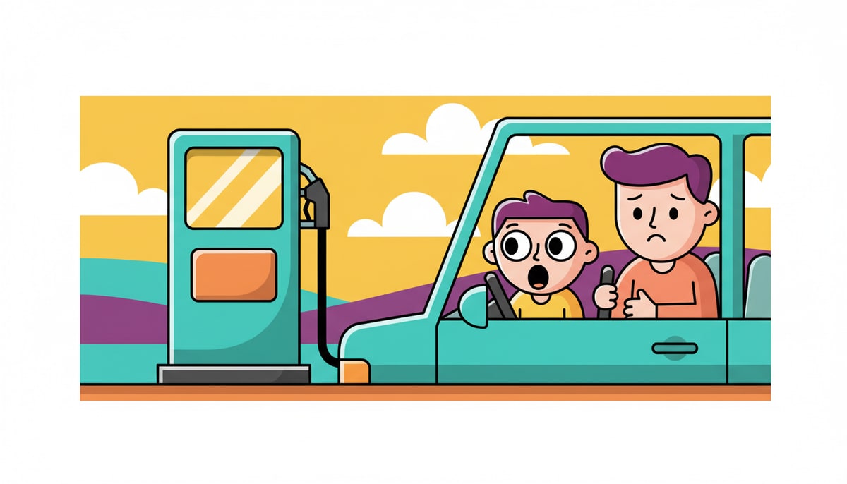 A child, eyes wide with concern, peers out a car window at a gas pump with a shocked expression, while a parent at the wheel sighs with slumped shoulders.