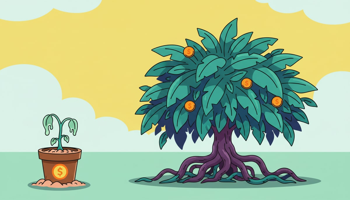 A tiny sapling with a small "money tree" symbol on its pot sits neglected and wilting next to a huge, overgrown, wild money plant with deeply intertwined roots.