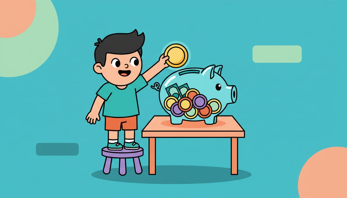 A small, delighted child carefully places a shiny coin into a clear piggy bank, which is already half-full with a colorful assortment of coins and a few small bills.