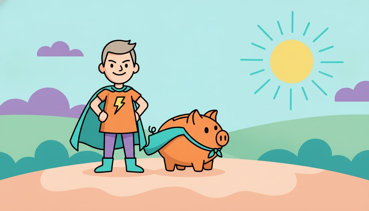 A child in a superhero cape stands confidently beside a small, sturdy piggy bank wearing a matching tiny cape, both ready for anything.