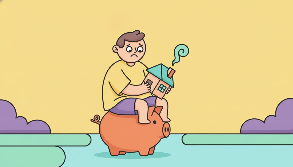 A child with a worried expression sits on a piggy bank, holding a small toy house that's slightly tilted, while a tiny, harmless wisp of smoke rises in the background.