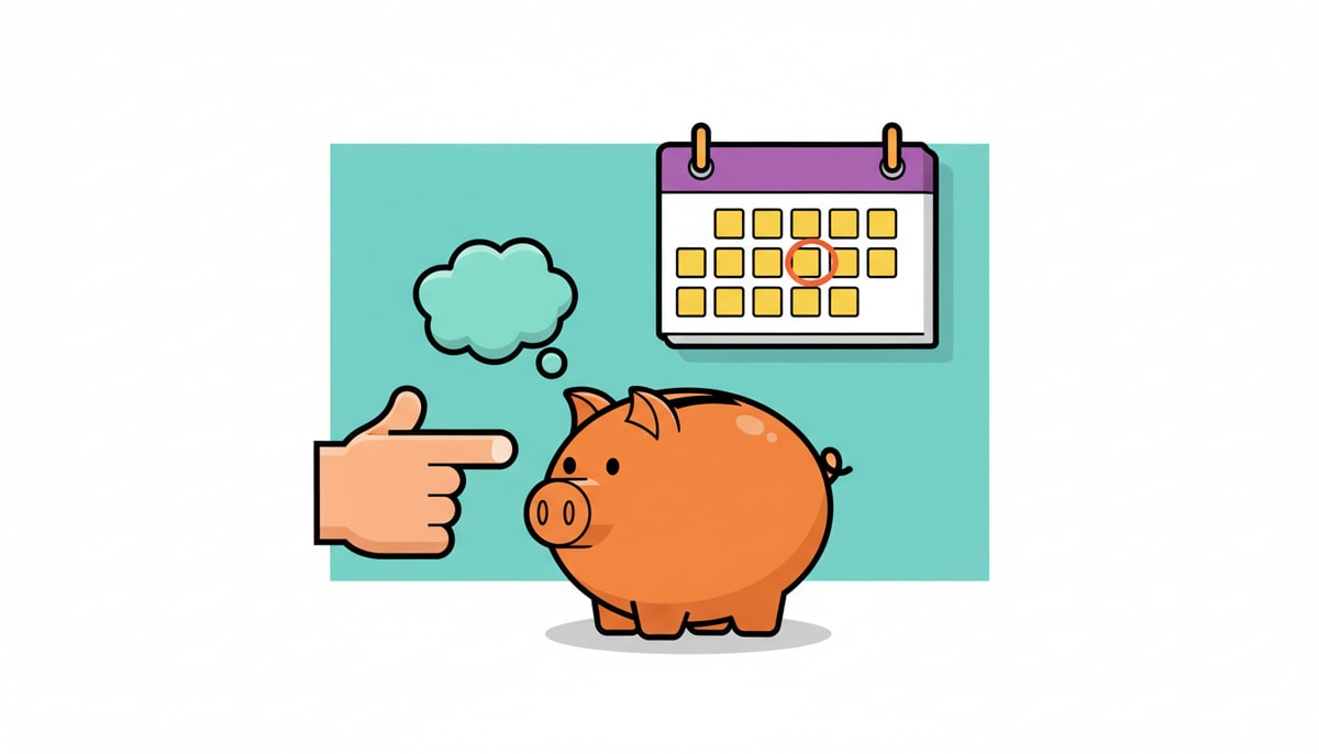 A child's hand points excitedly at a vibrant piggy bank, next to which a small, empty thought bubble floats, while a calendar hangs on the wall with the current date circled.